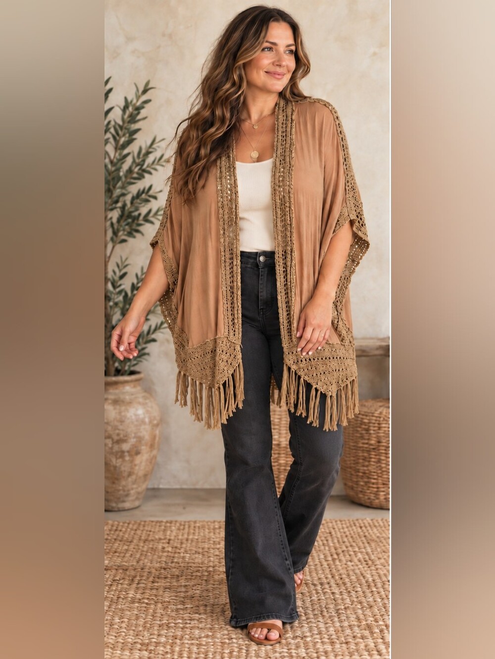 Umgee Tan Boho Crochet Fringe Kimono – Oversized M/L